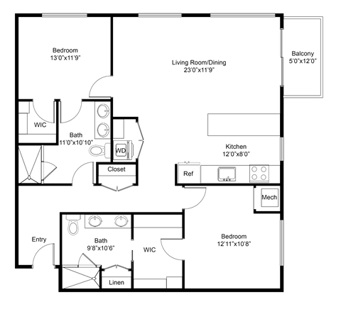 Floor plan for 2 beds, 2 baths, 1348 sqft